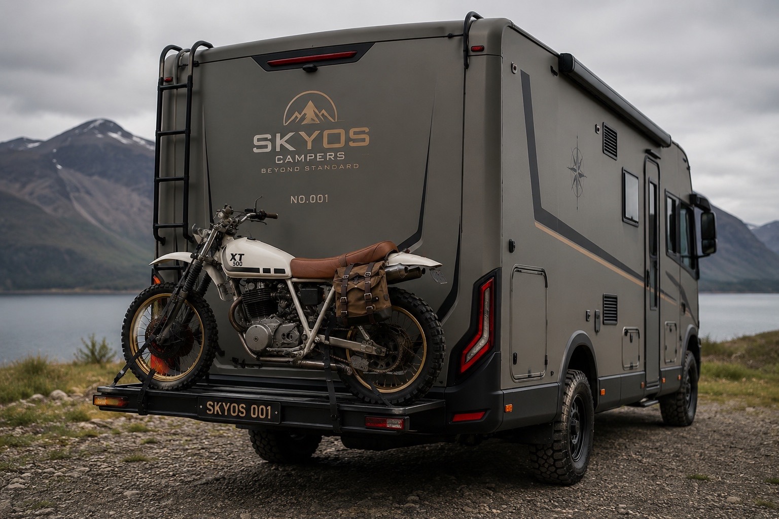 SkyOs No.001 rear three-quarter concept with Yamaha XT500